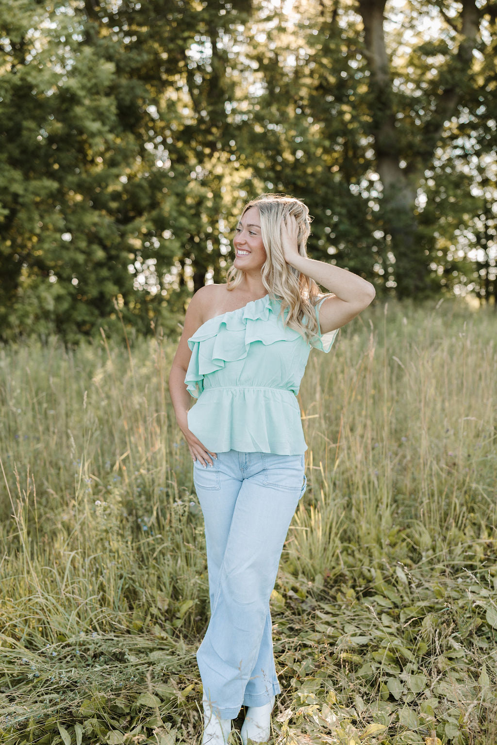 Ruffled Crepe Chiffon One-Shoulder Peplum Tank