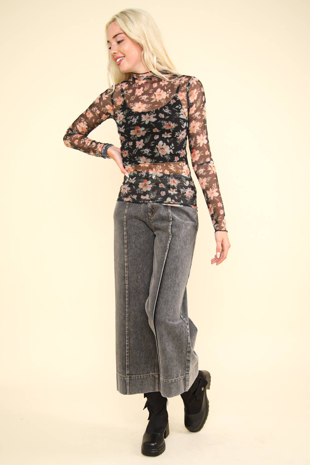 Floral High Neck Fitted Sheer Mesh Lace Knit Top