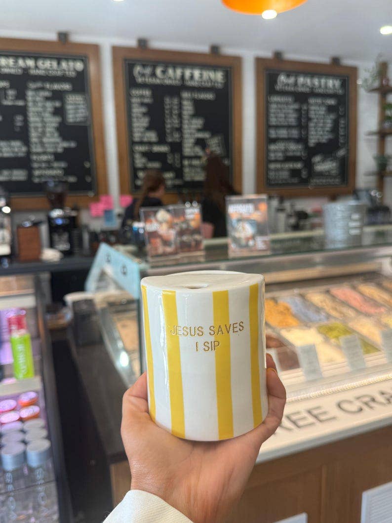 "Jesus Saves I Sip" Coffee Cup, Yellow Stripes, Travel Mug
