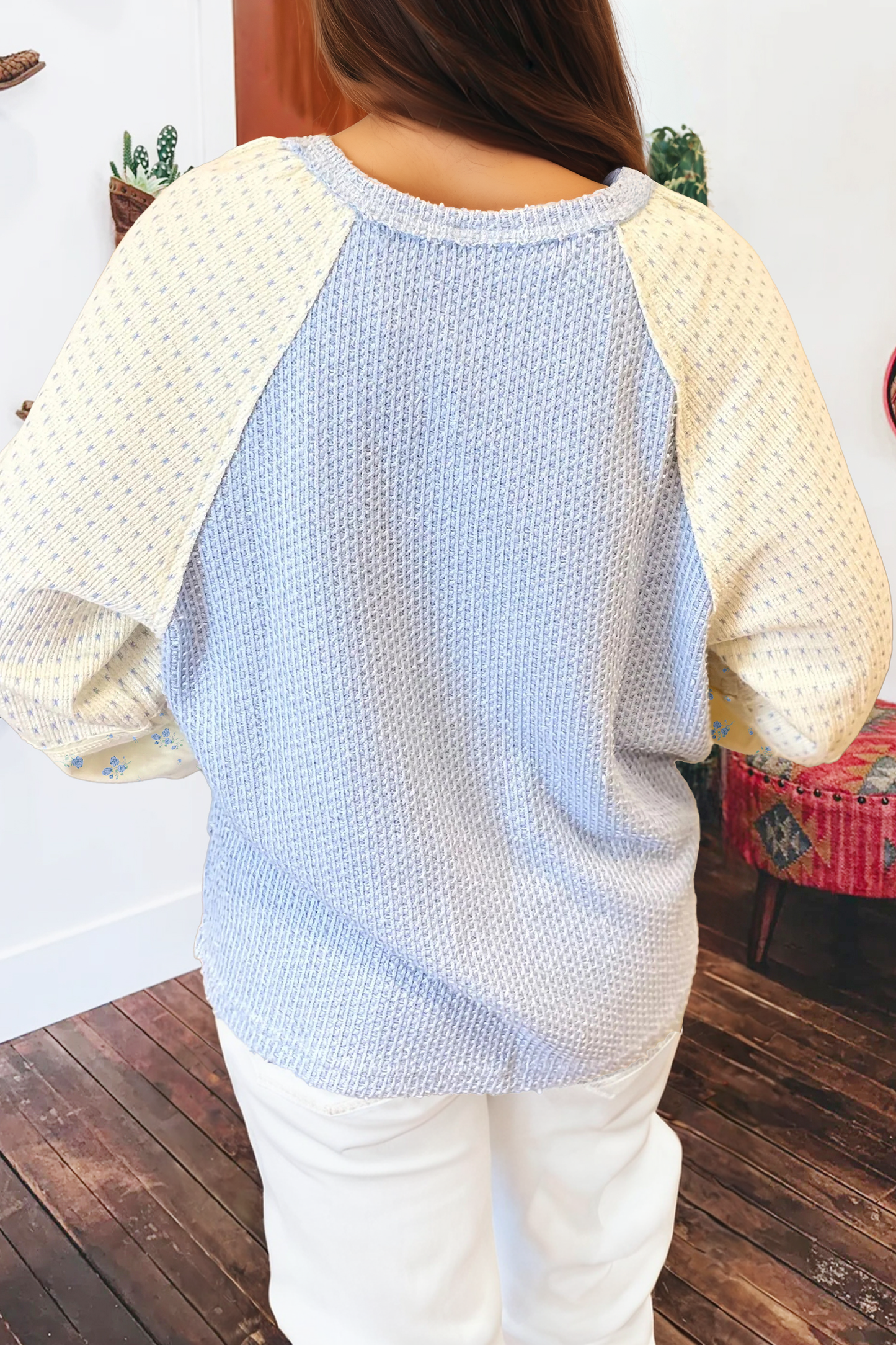 Textured Knit Colorblock Floral Patched Long Sleeve Top