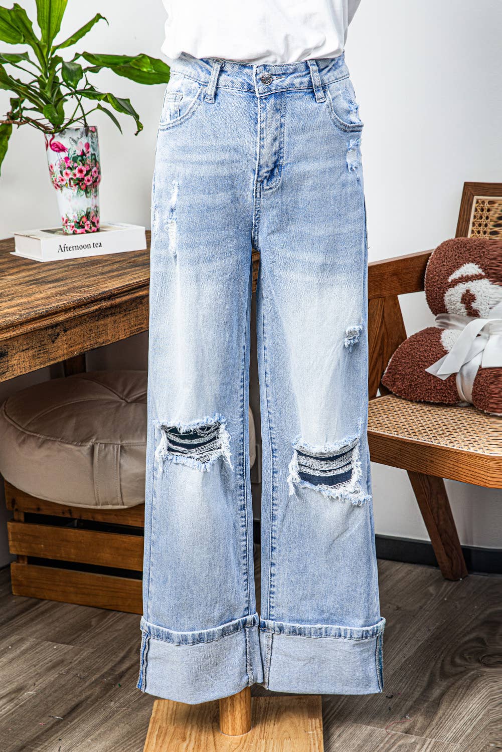 Light Wash Distressed Flare Jeans