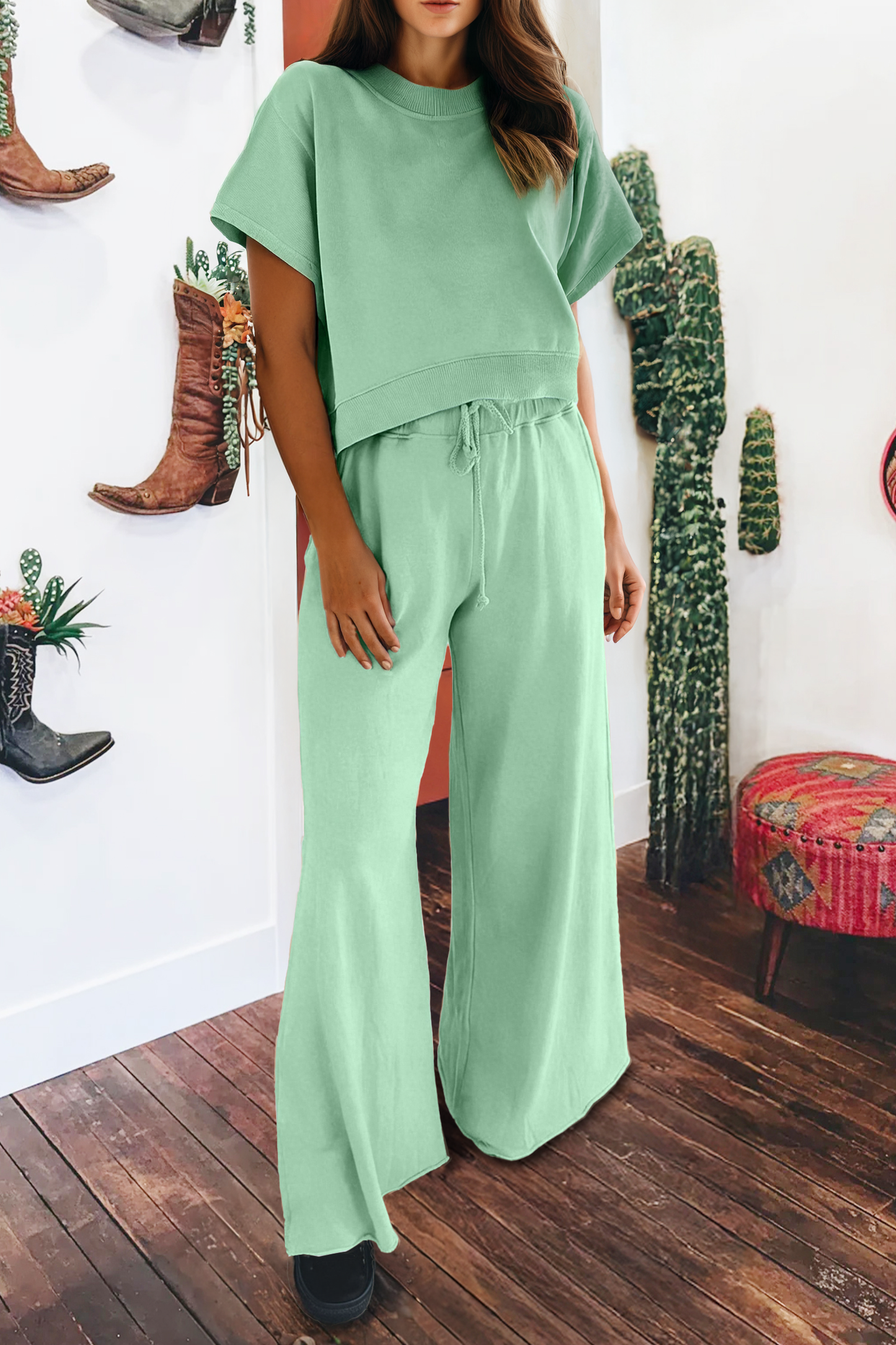 Set-Loose Tee Drawstring Wide Leg Pants 2pcs Outfit