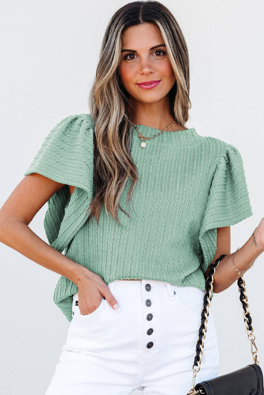 Solid Cable Knit Textured Flutter Sleeve Top