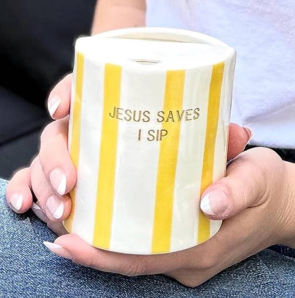 "Jesus Saves I Sip" Coffee Cup, Yellow Stripes, Travel Mug