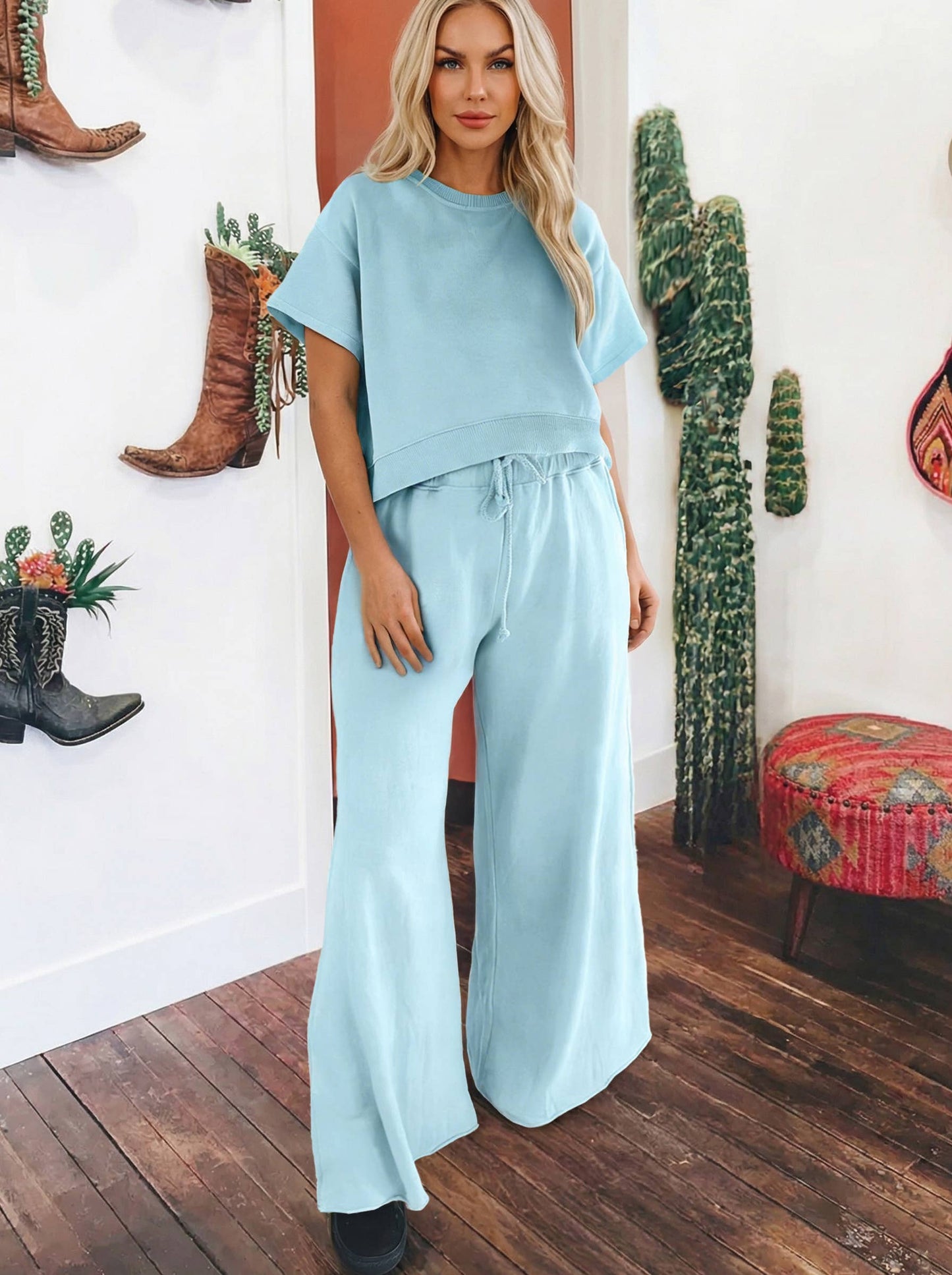 Set-Loose Tee Drawstring Wide Leg Pants 2pcs Outfit