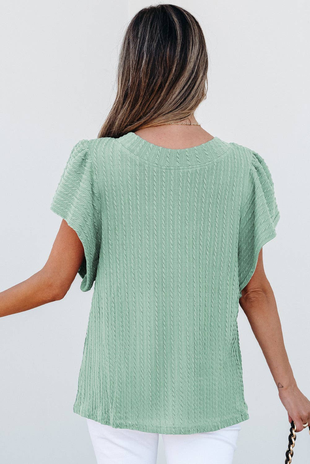 Solid Cable Knit Textured Flutter Sleeve Top