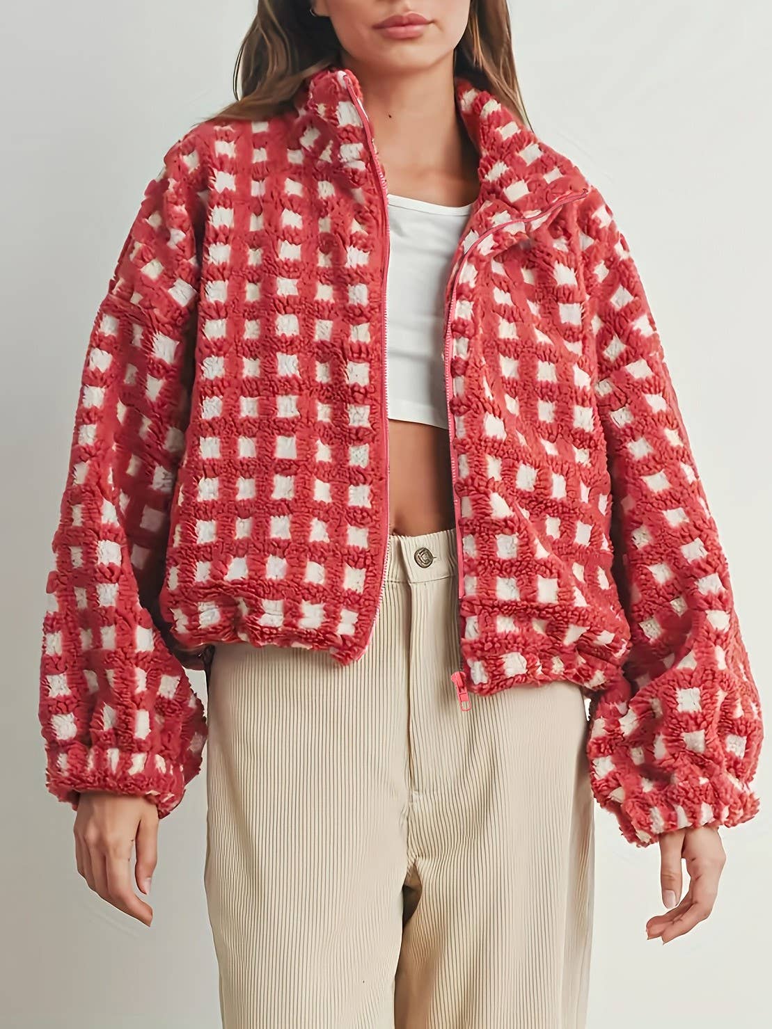 Checkered Red Gingham Sherpa Fleece Jacket | Cozy Boutique Layer