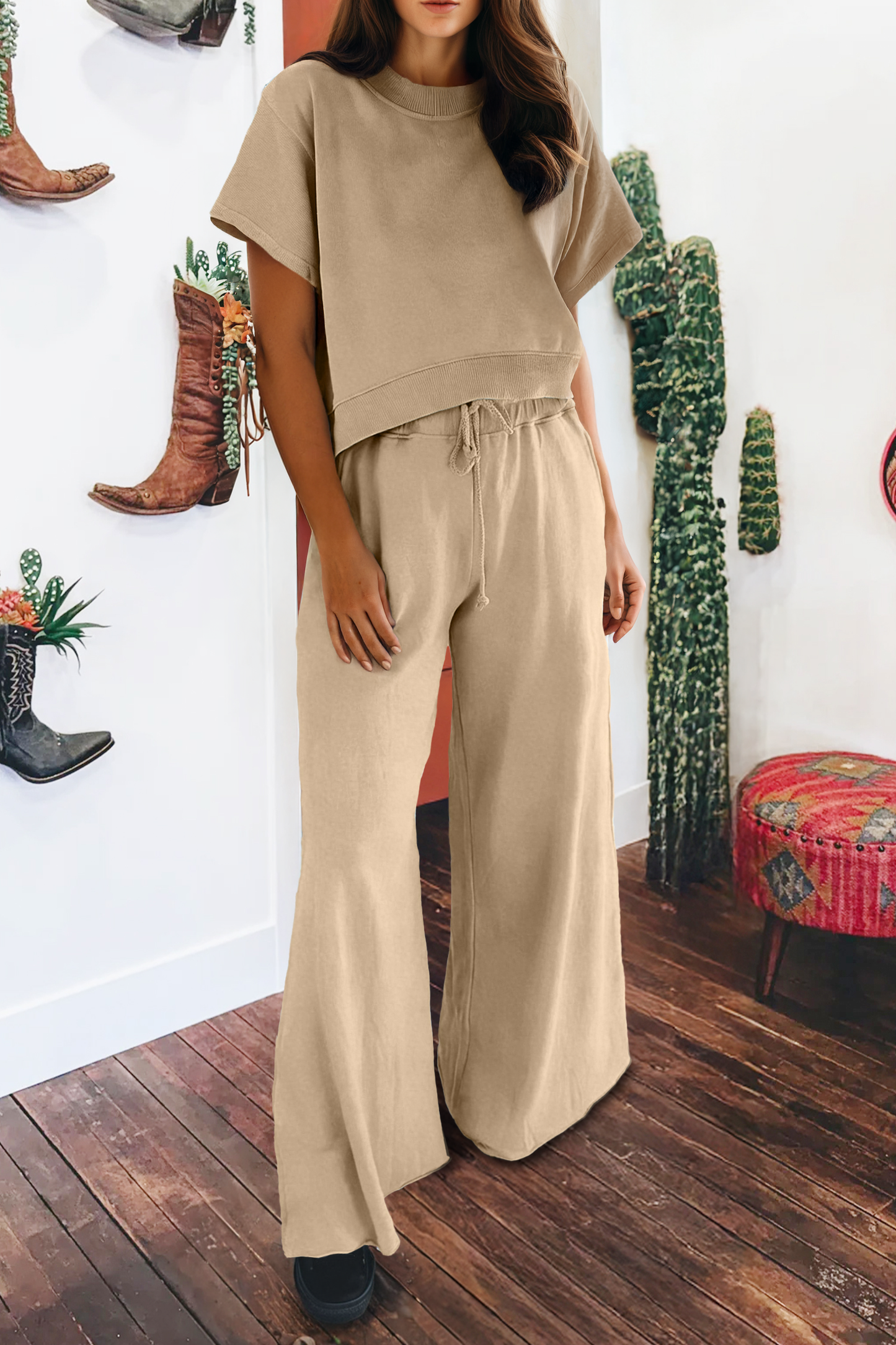 Set-Loose Tee Drawstring Wide Leg Pants 2pcs Outfit
