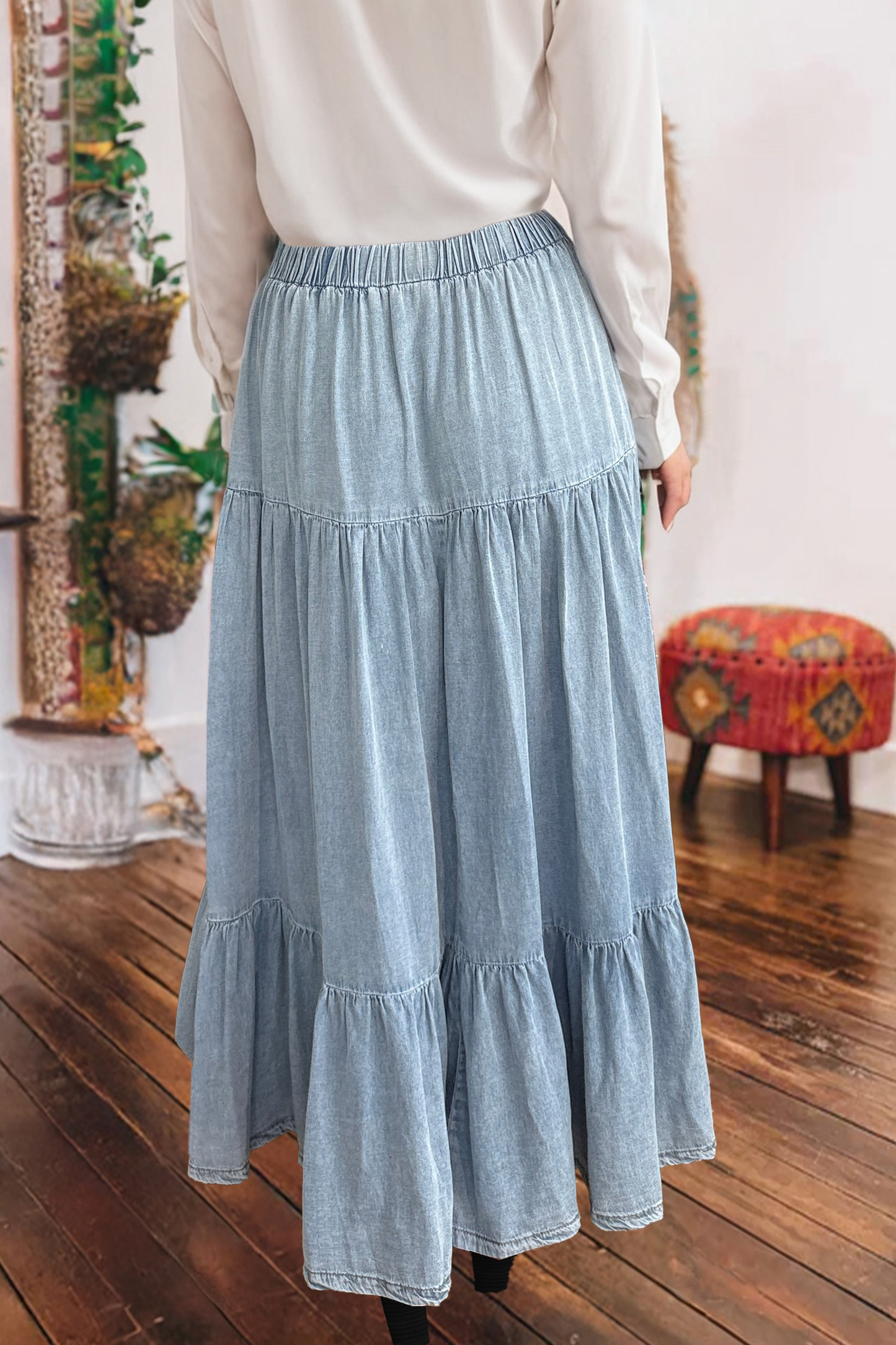 Elastic Waist Ruffled Tiered Flared Denim Maxi Skirt