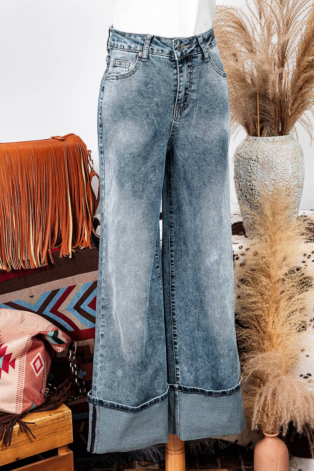High Rise Button Zip Fly Medium Wash Jeans