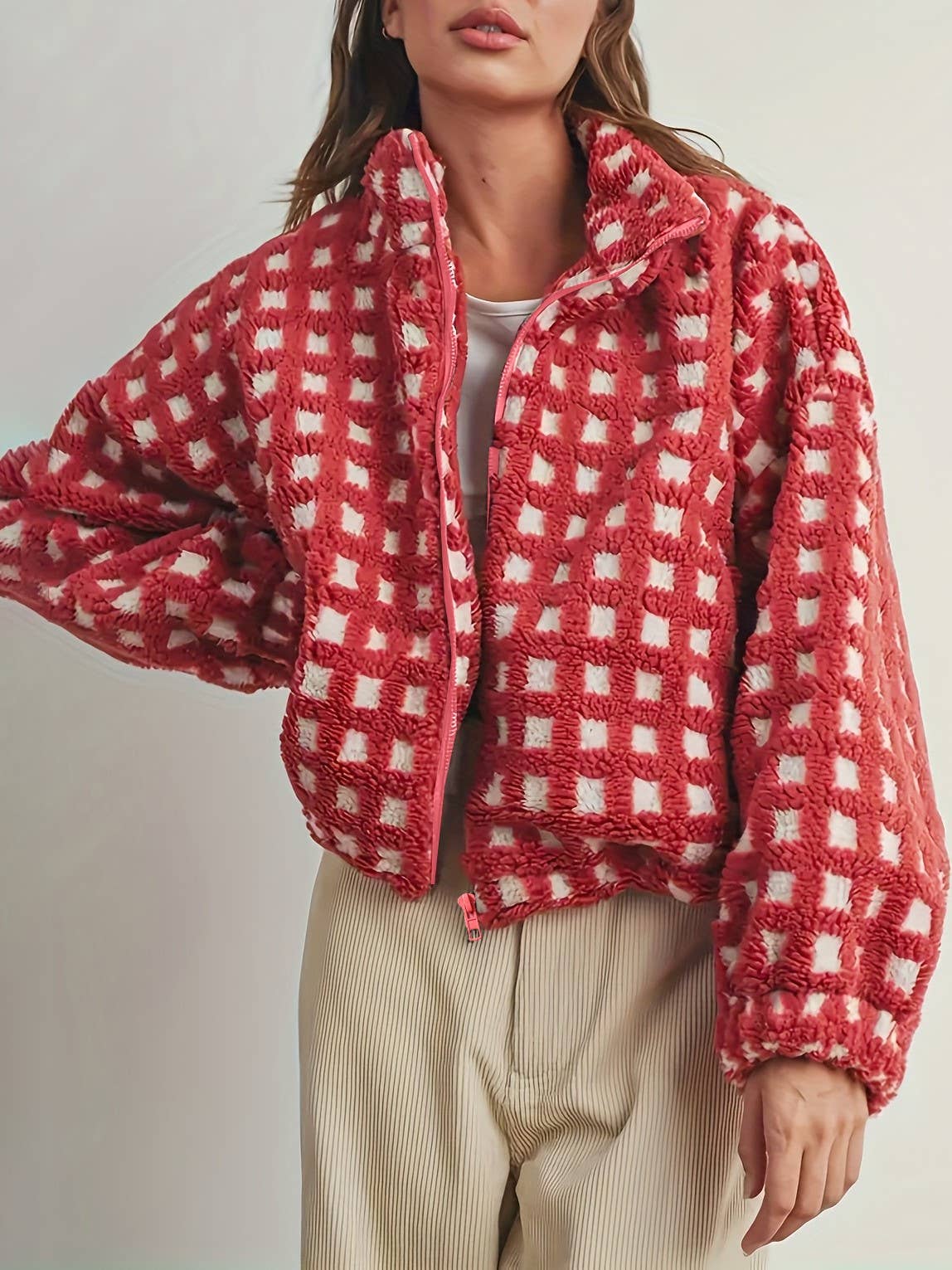 Checkered Red Gingham Sherpa Fleece Jacket | Cozy Boutique Layer