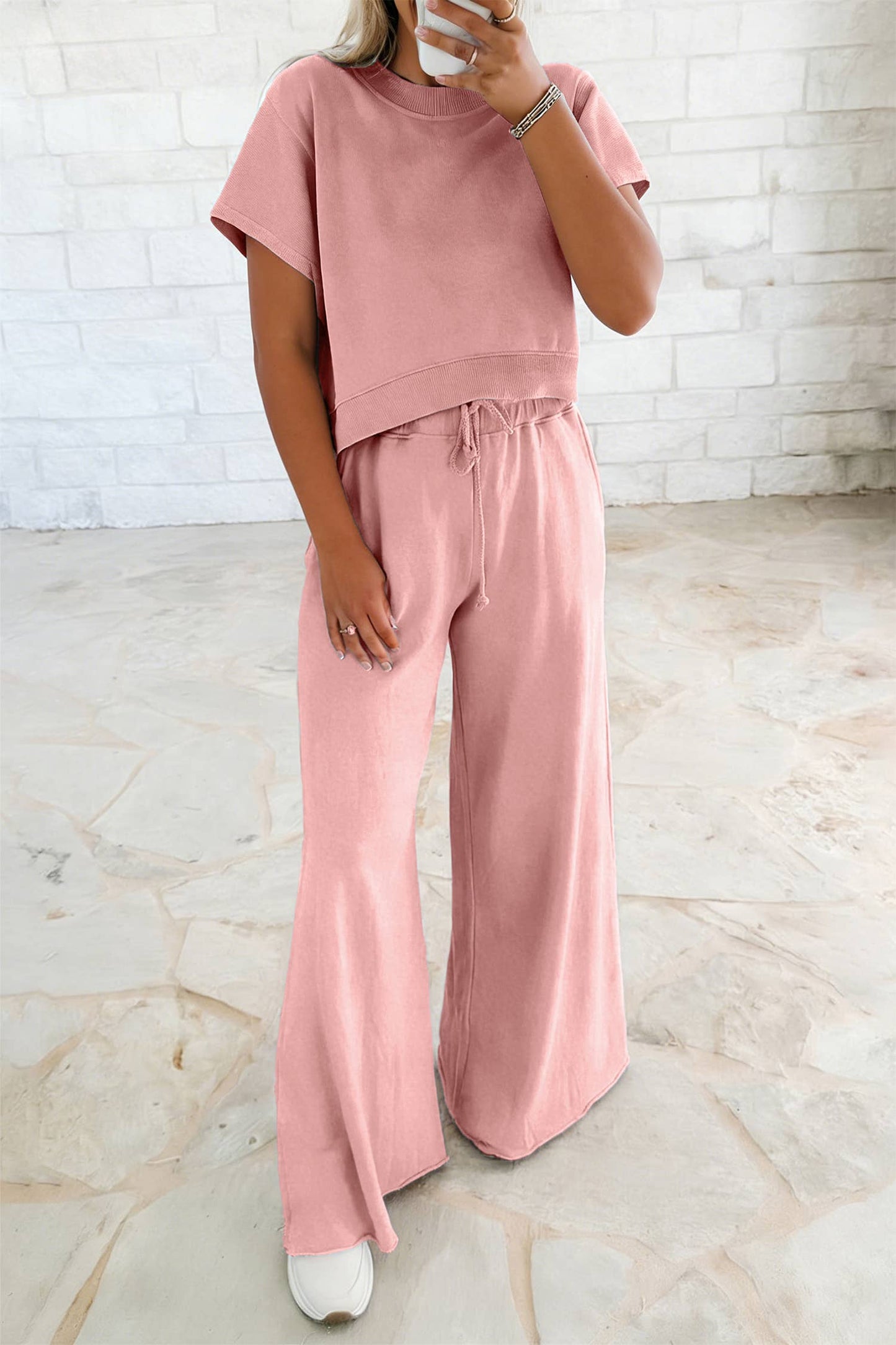 Set-Loose Tee Drawstring Wide Leg Pants 2pcs Outfit