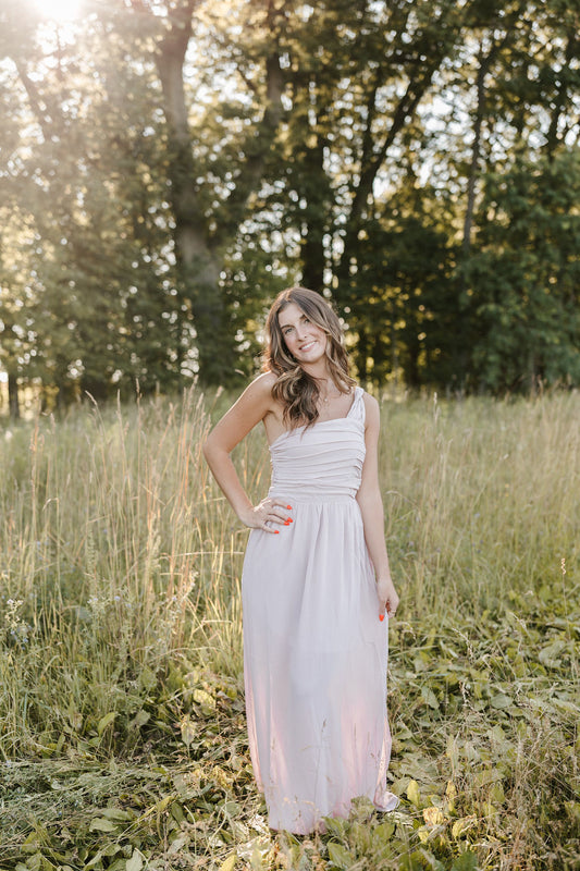 Solid Ruched One-Shoulder Sleeveless Maxi Dress