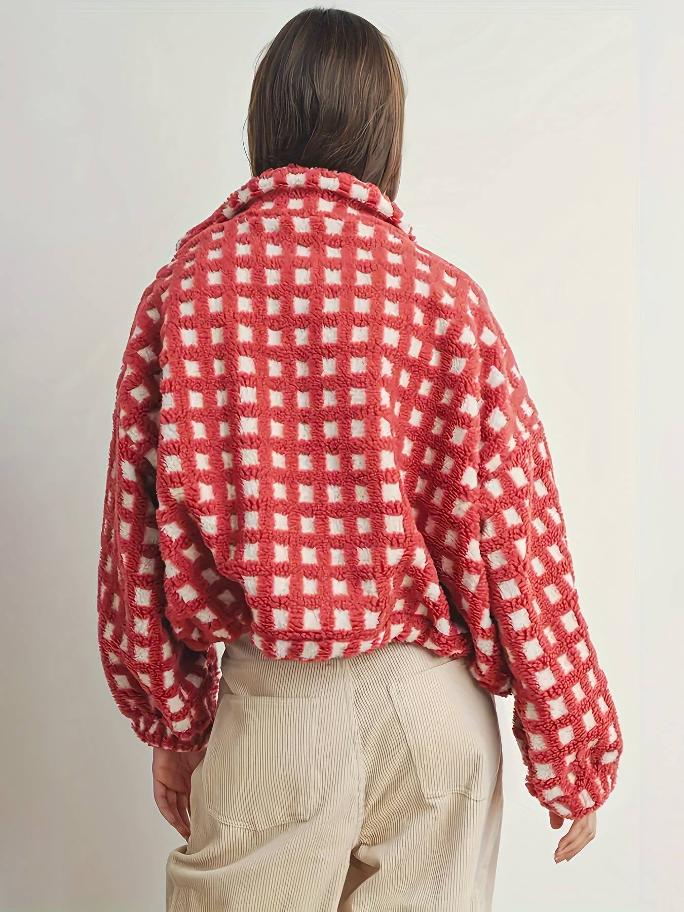 Checkered Red Gingham Sherpa Fleece Jacket | Cozy Boutique Layer