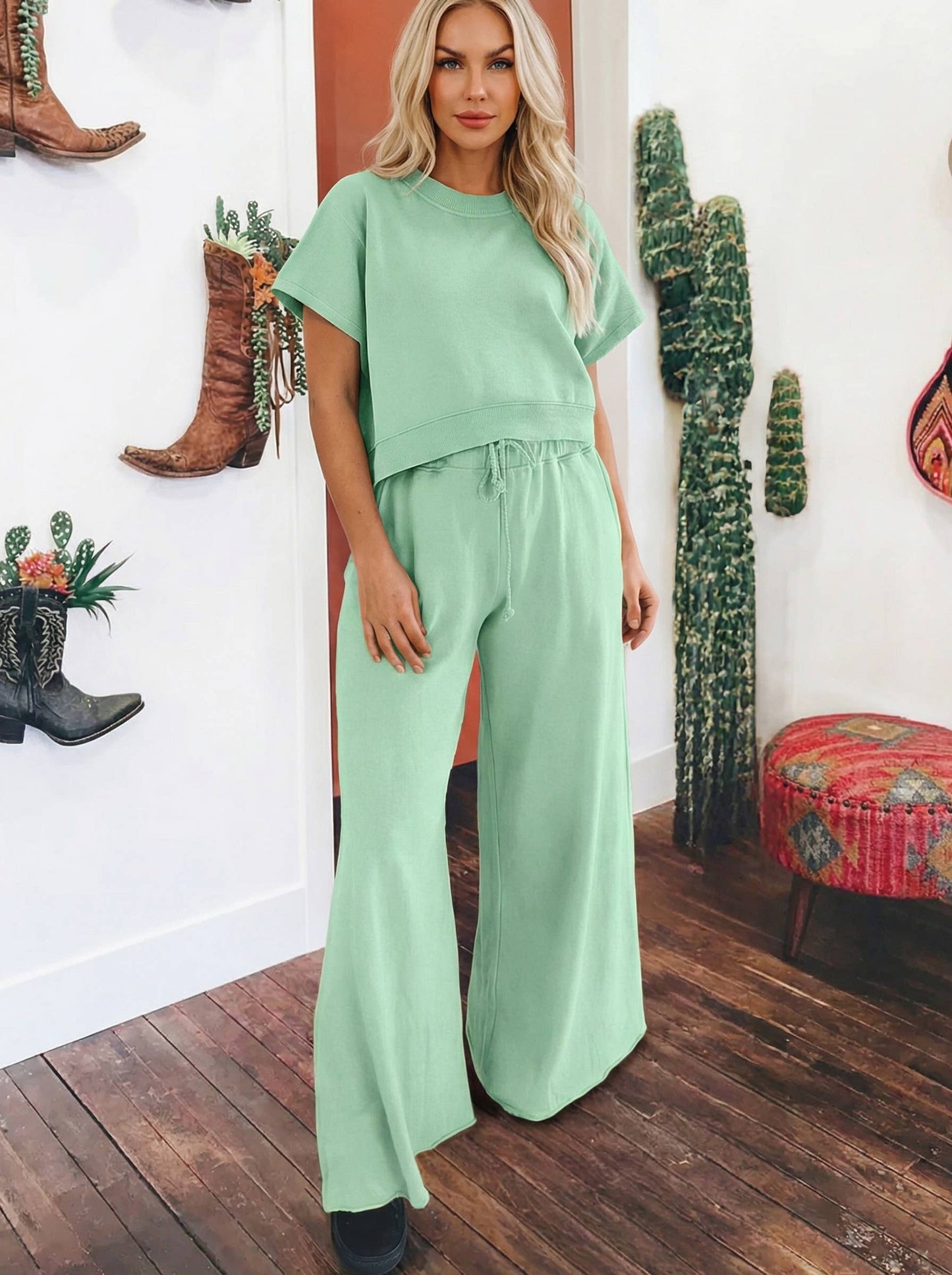 Set-Loose Tee Drawstring Wide Leg Pants 2pcs Outfit