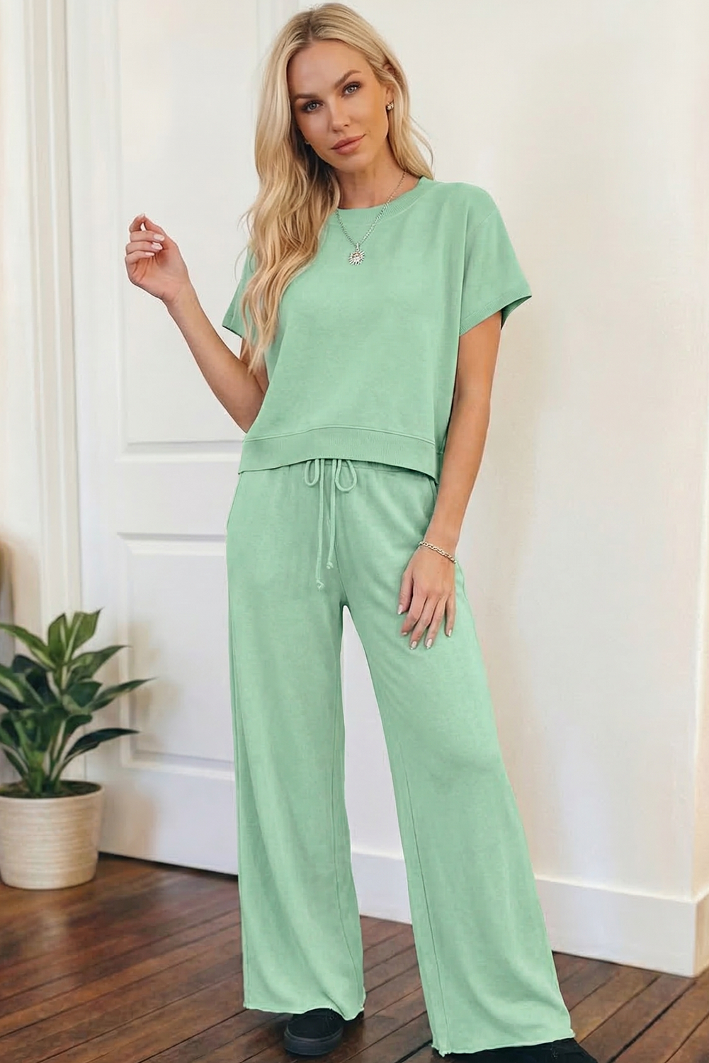 Set-Loose Tee Drawstring Wide Leg Pants 2pcs Outfit