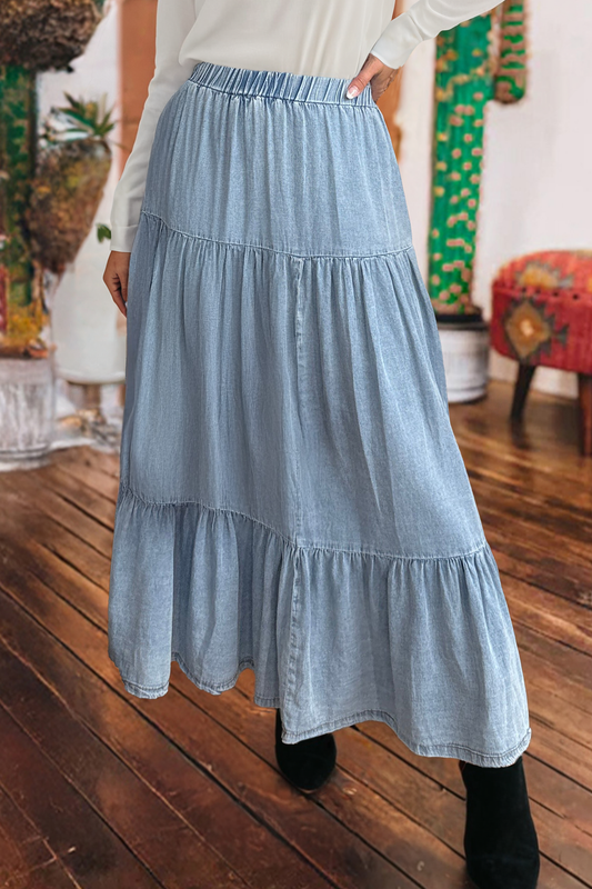 Elastic Waist Ruffled Tiered Flared Denim Maxi Skirt