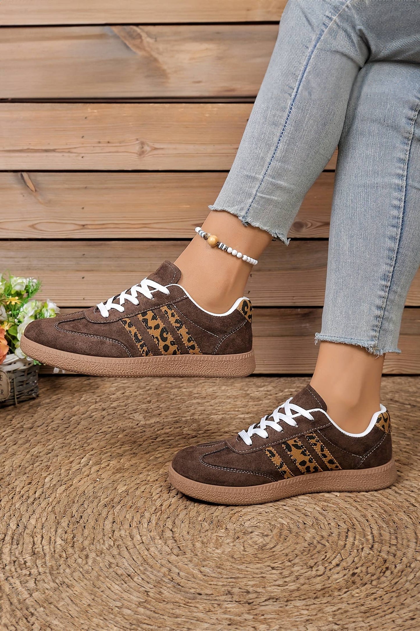 Contrast Lace-up Leopard Patchwork Detail Faux Suede Shoes