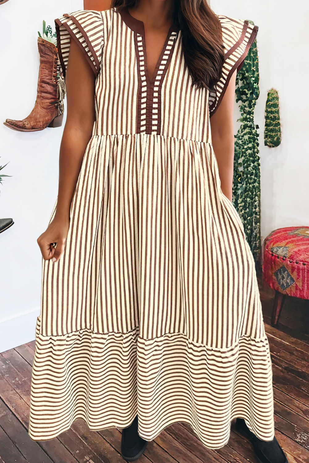 Stripe Ruffled Short Sleeve- V Neck Midi Dress