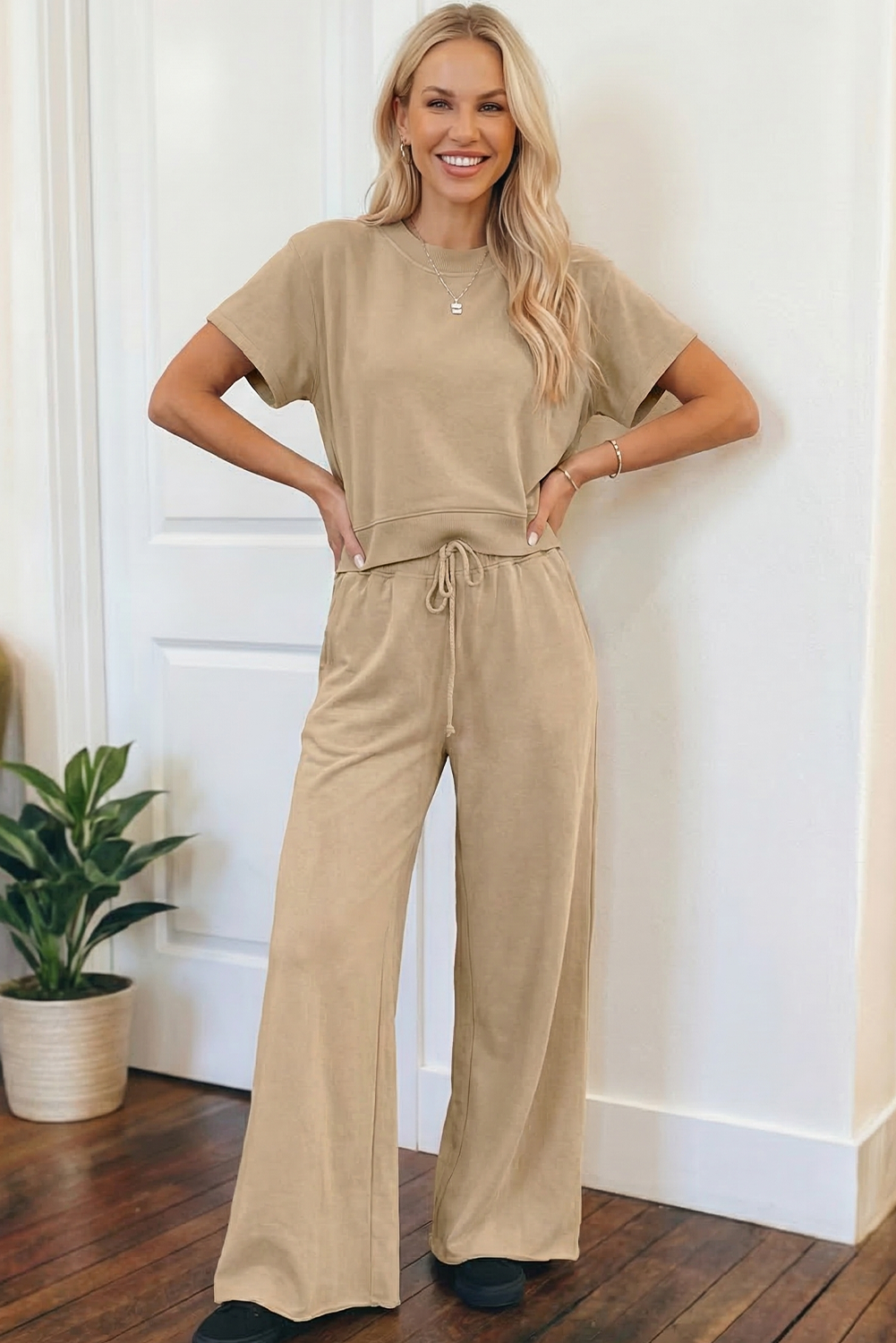 Set-Loose Tee Drawstring Wide Leg Pants 2pcs Outfit