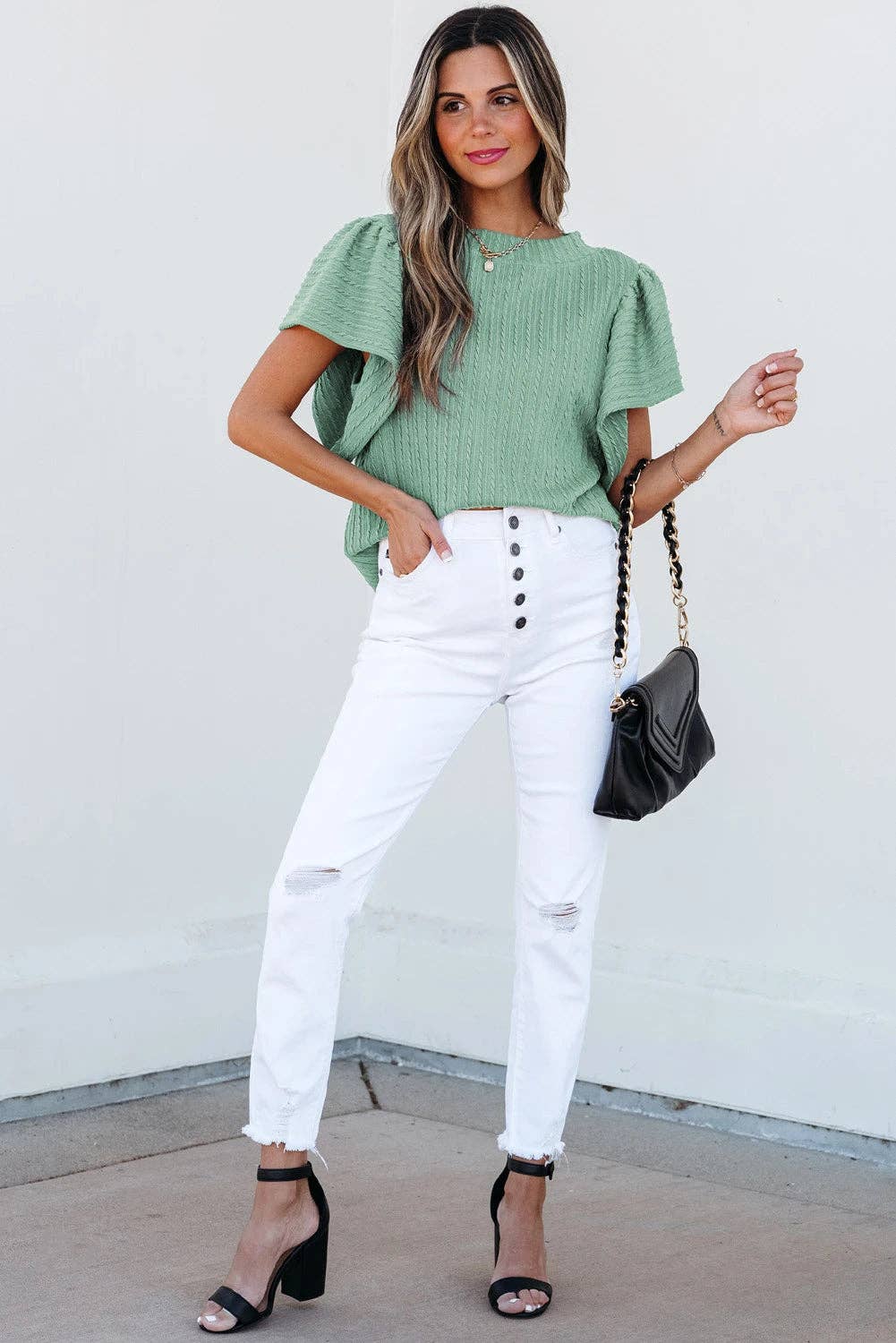 Solid Cable Knit Textured Flutter Sleeve Top