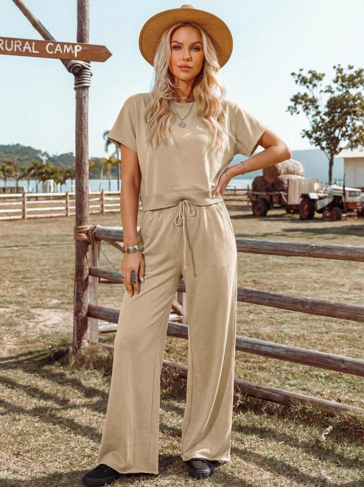 Set-Loose Tee Drawstring Wide Leg Pants 2pcs Outfit