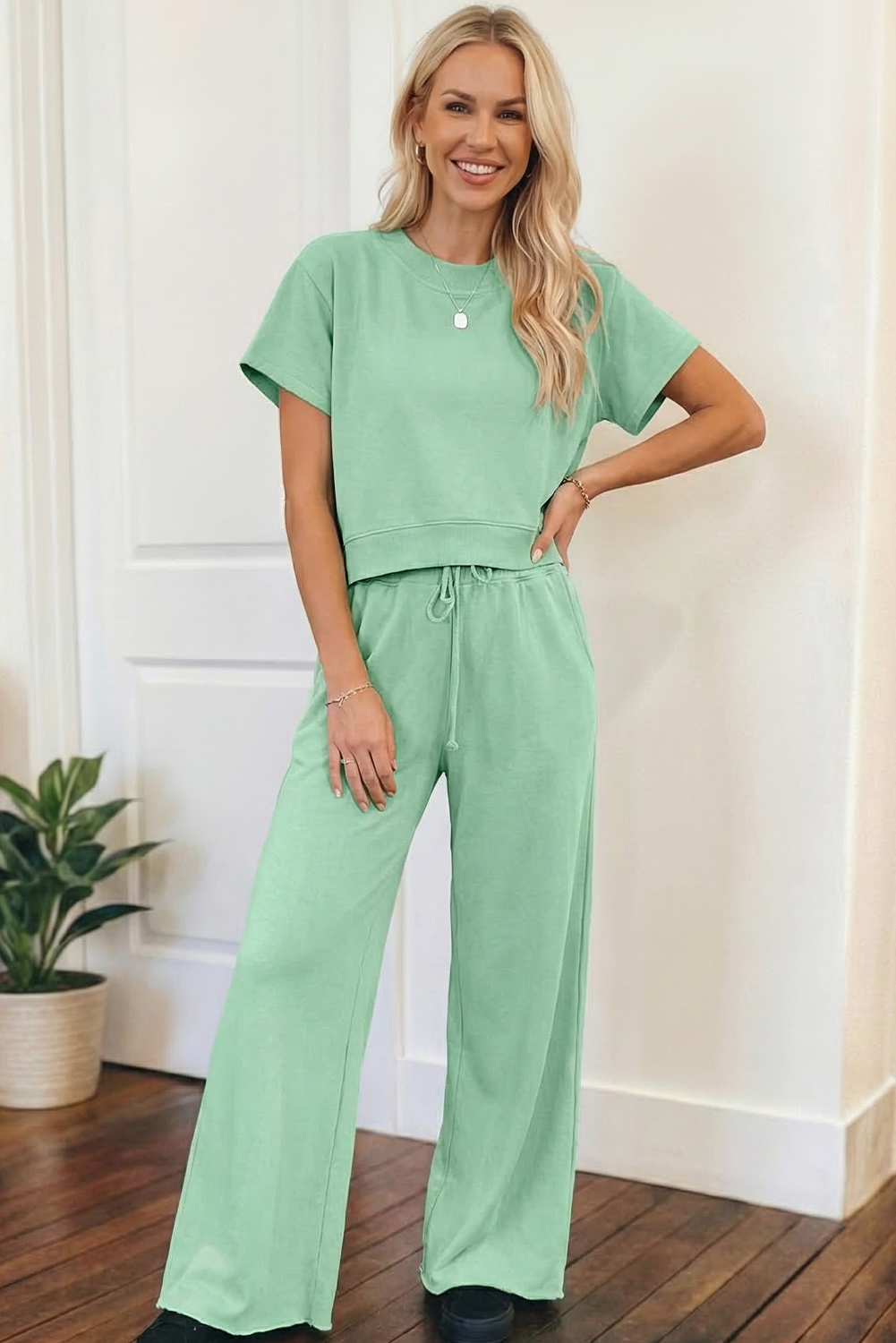Set-Loose Tee Drawstring Wide Leg Pants 2pcs Outfit