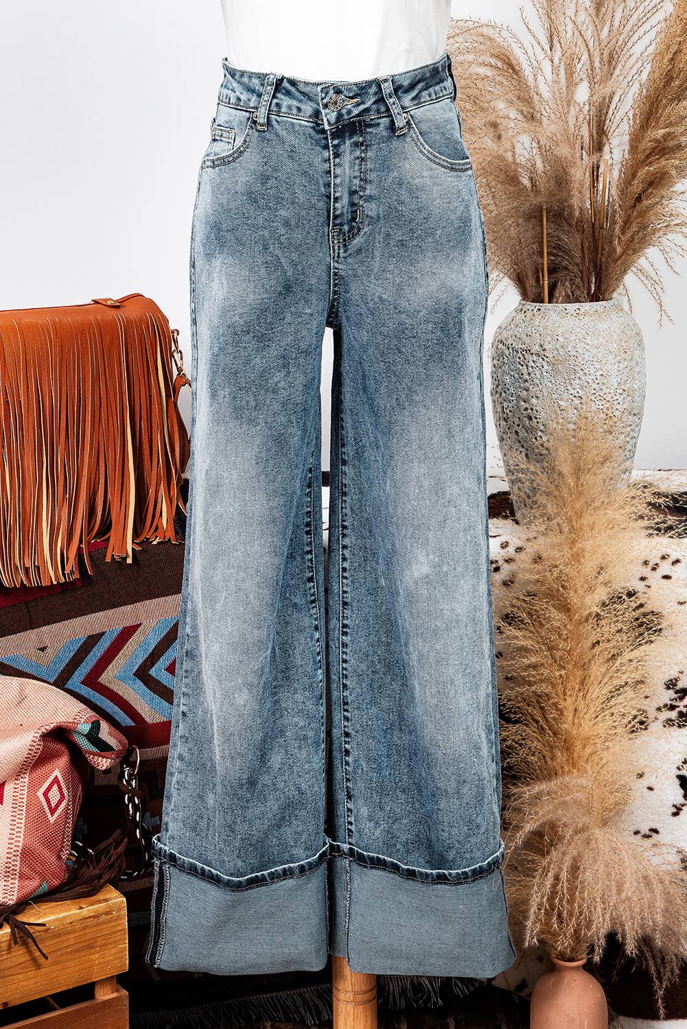 High Rise Button Zip Fly Medium Wash Jeans