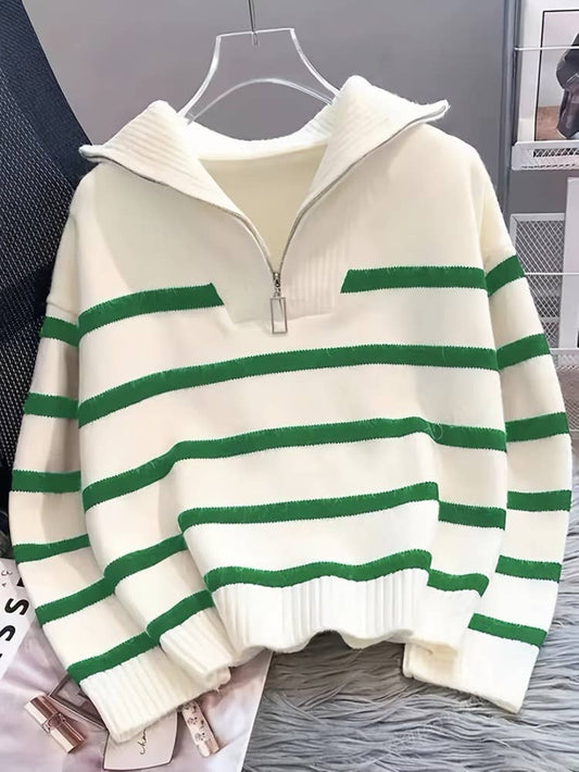 Preppy Zip-Collar Striped Pullover | Cozy Boutique Sweater