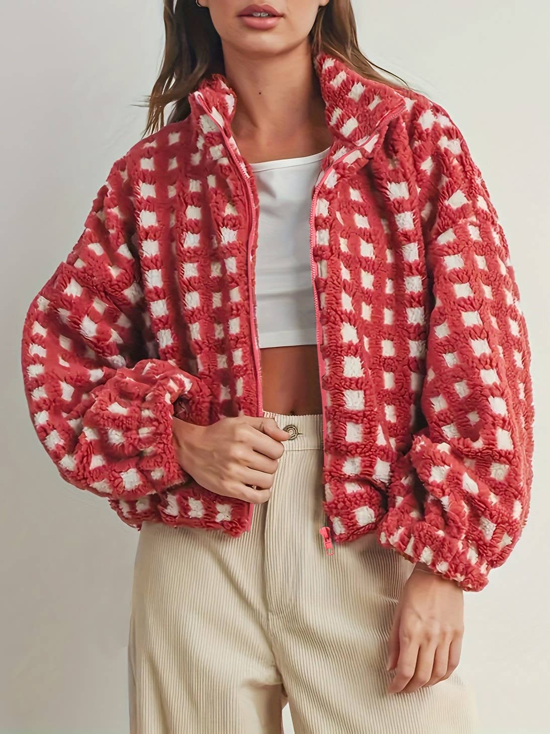 Checkered Red Gingham Sherpa Fleece Jacket | Cozy Boutique Layer
