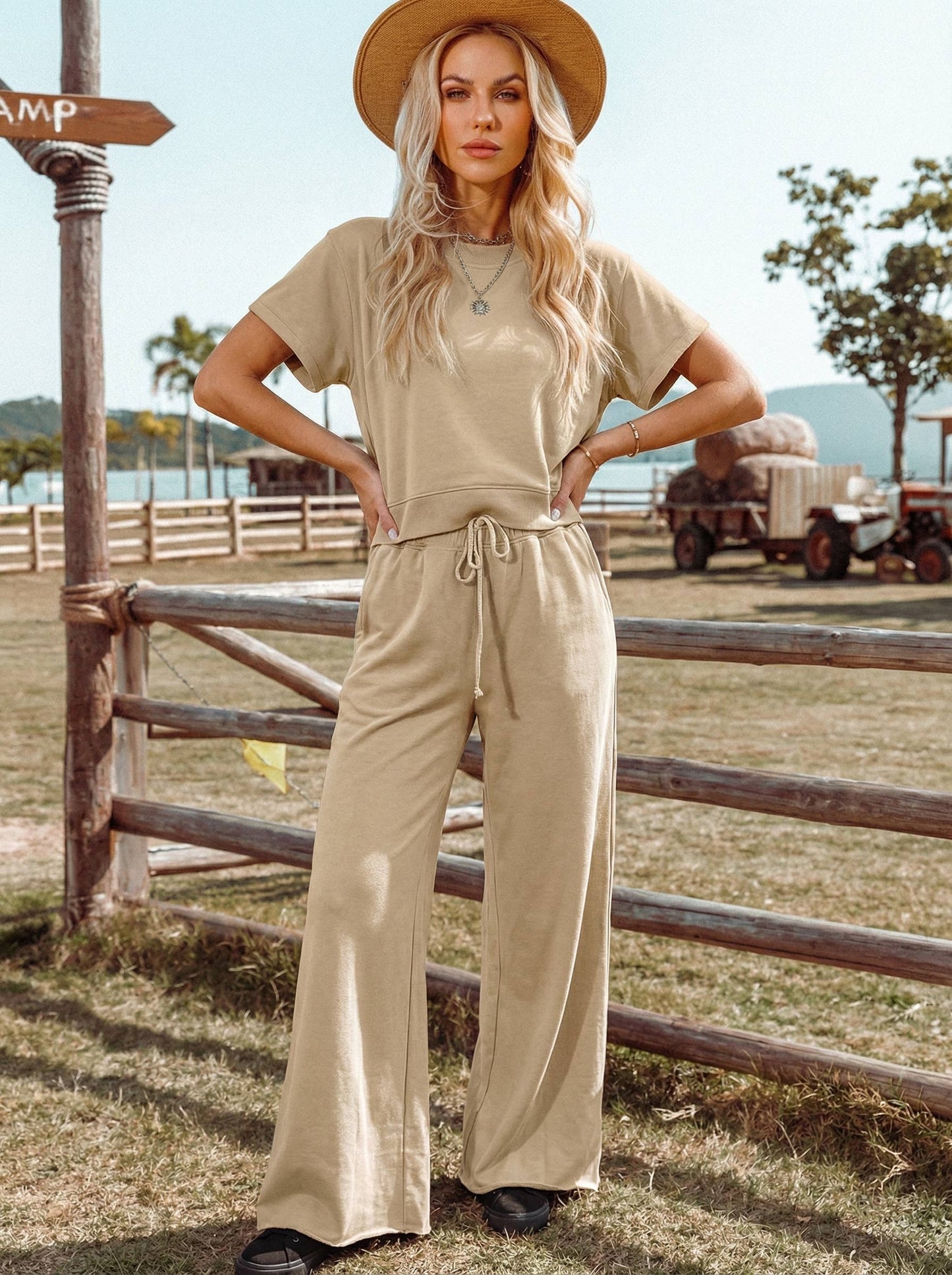 Set-Loose Tee Drawstring Wide Leg Pants 2pcs Outfit