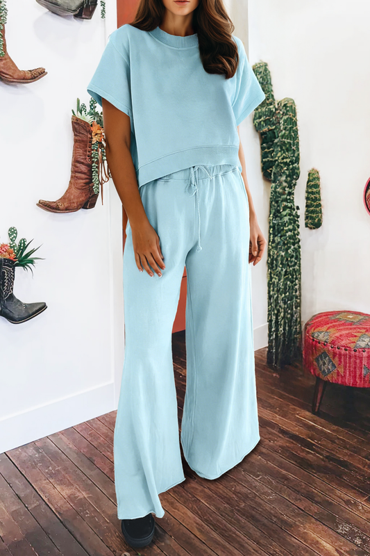 Set-Loose Tee Drawstring Wide Leg Pants 2pcs Outfit