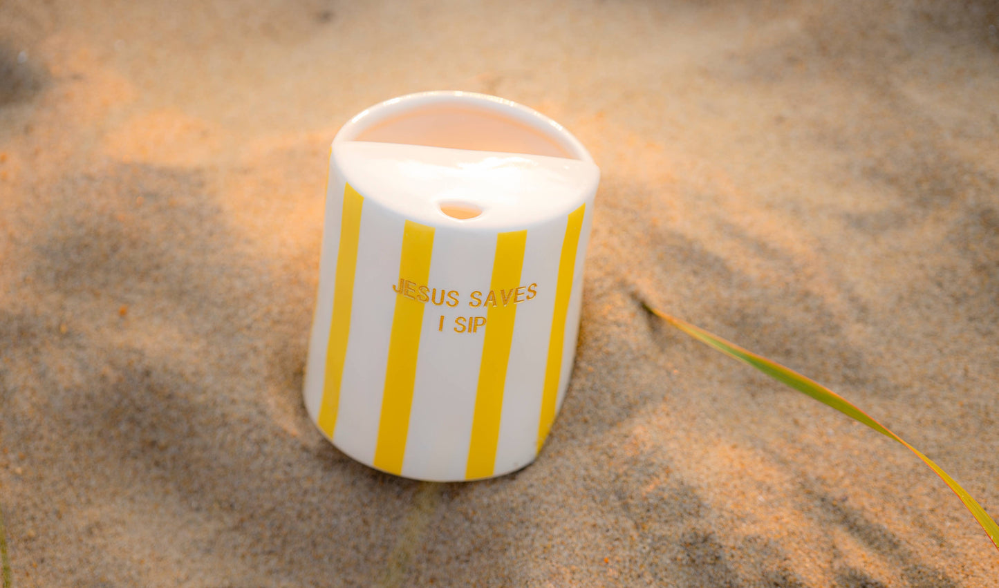 "Jesus Saves I Sip" Coffee Cup, Yellow Stripes, Travel Mug