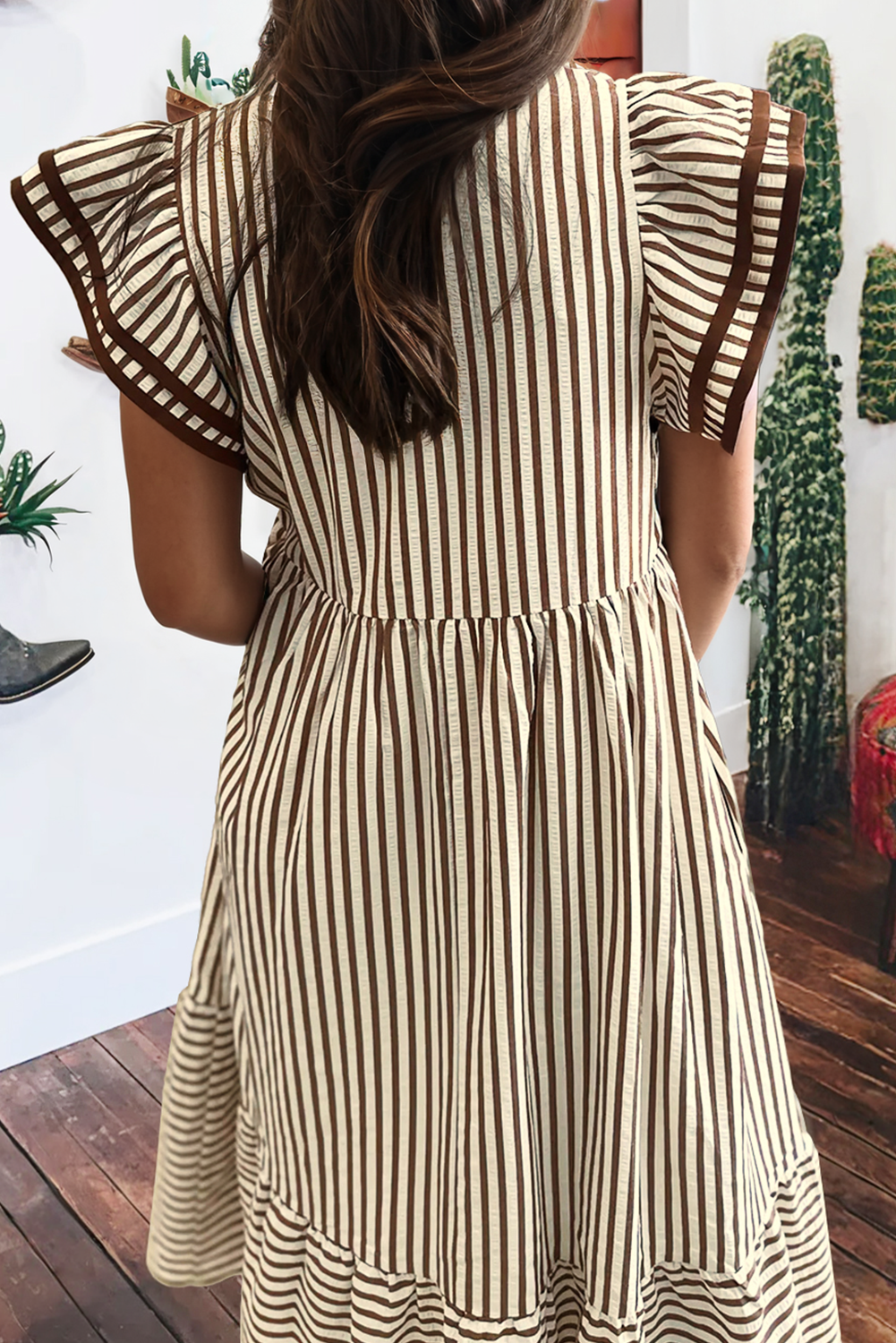 Stripe Ruffled Short Sleeve- V Neck Midi Dress