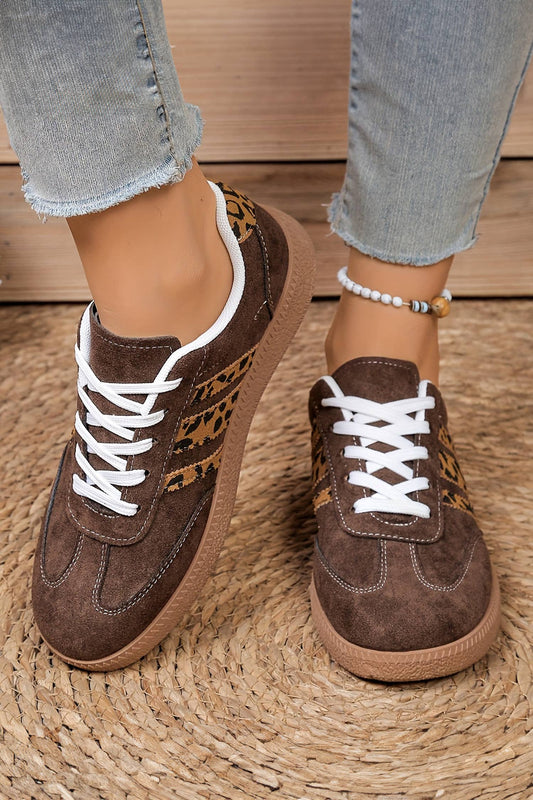 Contrast Lace-up Leopard Patchwork Detail Faux Suede Shoes