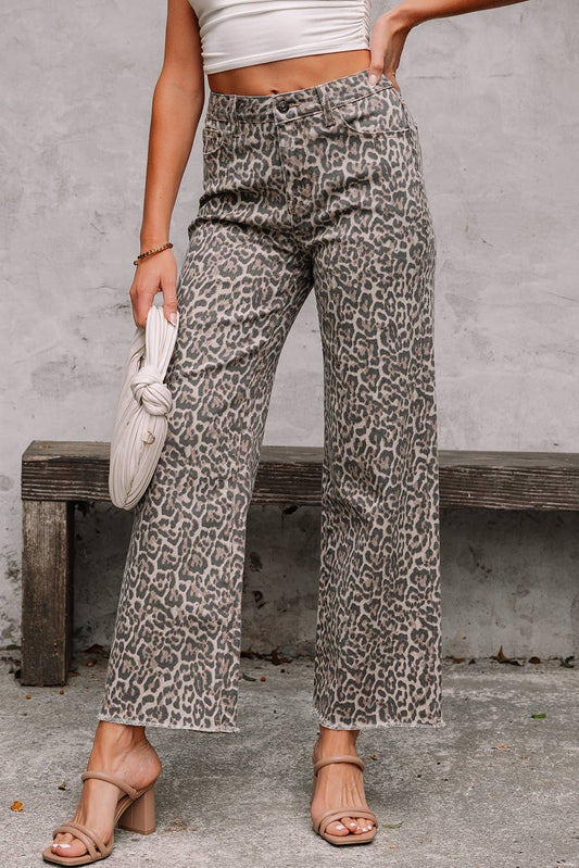 Pre-Order Leopard Frayed Edge Wide Leg High Waist Jeans