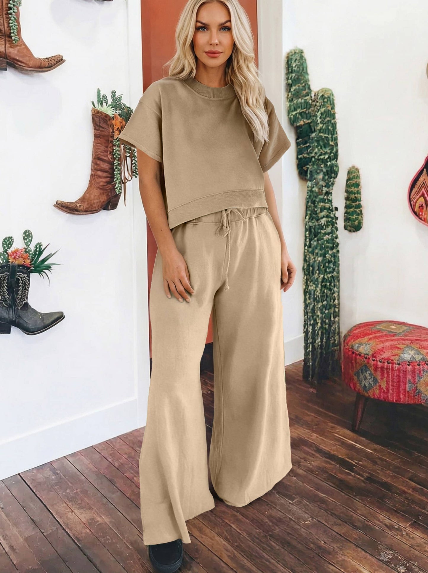 Set-Loose Tee Drawstring Wide Leg Pants 2pcs Outfit